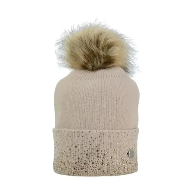 Beige knit equestrian alaska diamante bobble hat with fluffy tan pom pom and rhinestone cuff embellishments