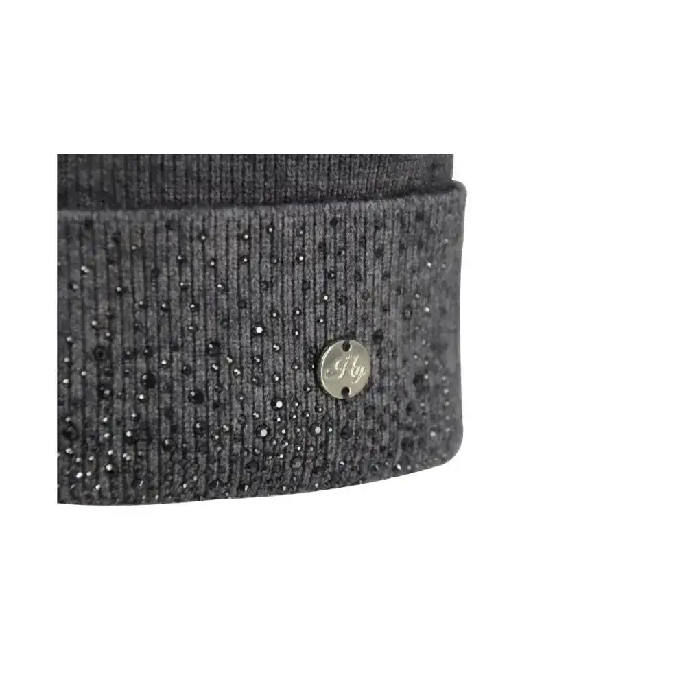 Dark gray textured fabric equestrian alaska diamante bobble hat cuff with black silver rhinestones and metallic emblem