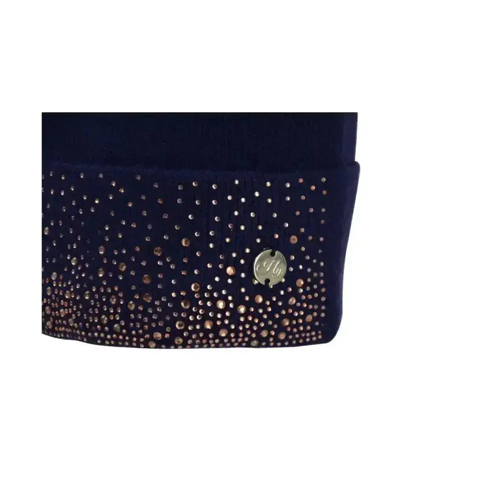 Navy blue velvet hy equestrian alaska diamante bobble hat cuff with silver and rose gold rhinestones and metallic emblem