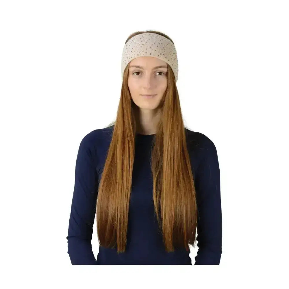 Beige close knit headband with subtle speckled pattern from hy equestrian alaska diamante headband collection