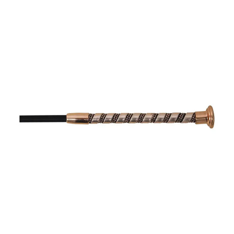 A sleek hy equestrian allure dressage whip with a twisted rose gold handle and black grip for dressage use