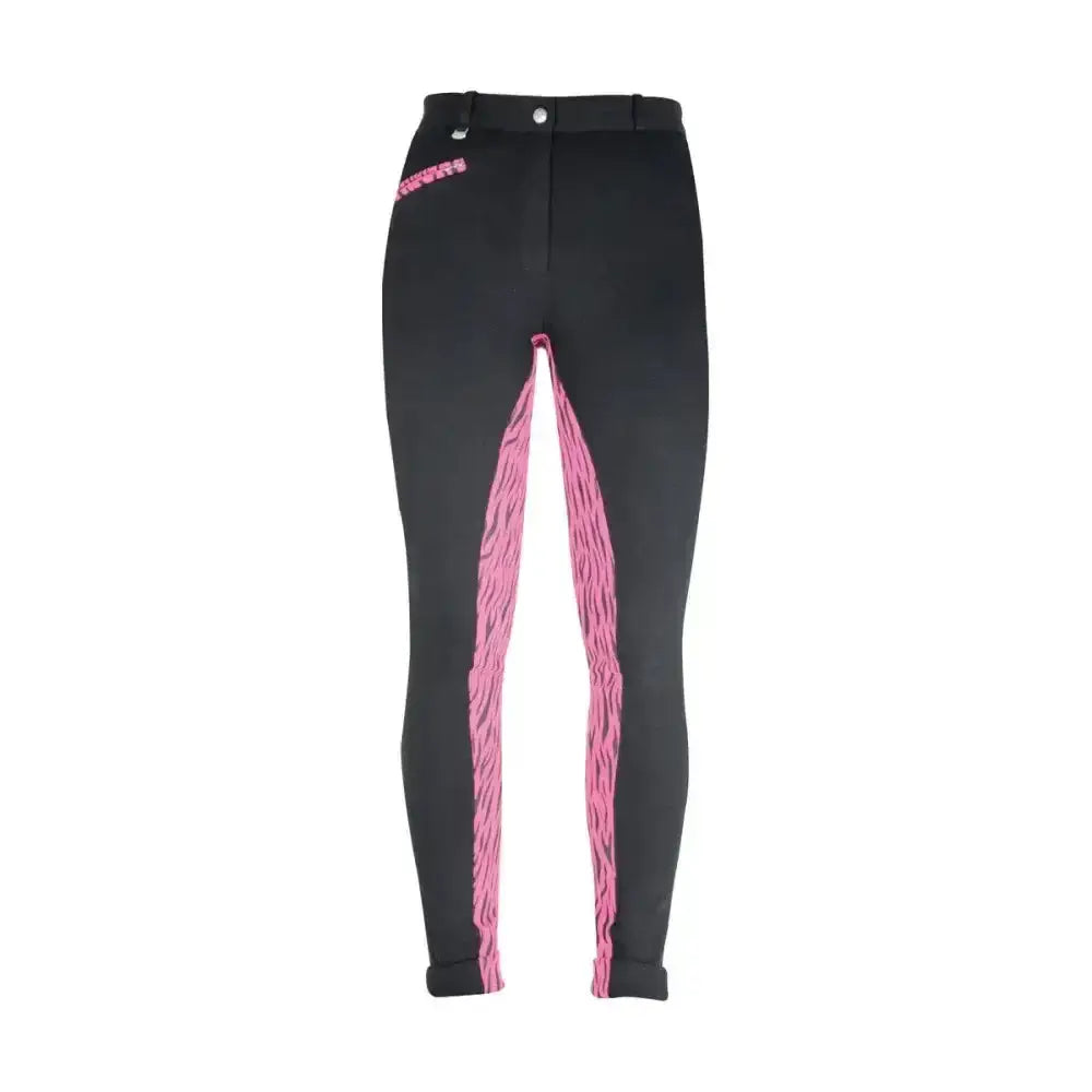 Black equestrian alyssa ladies jodhpurs with pink zebra-striped side panels and a subtle waistband logo for comfort