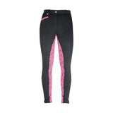 Black equestrian alyssa ladies jodhpurs with pink zebra-striped side panels and a subtle waistband logo for comfort