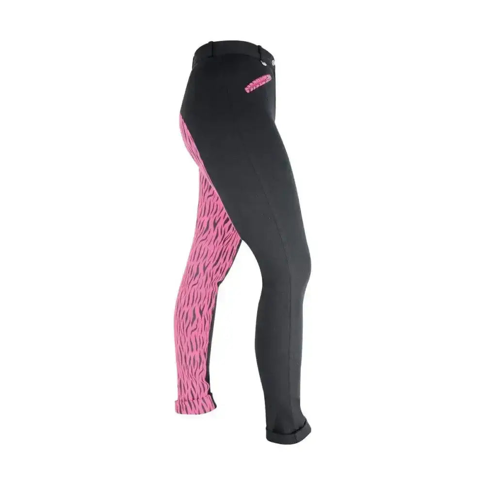 Black and pink zebra-print equestrian alyssa ladies jodhpurs with a sleek form-fitting design for comfort