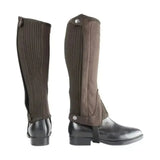 Dark brown hy equestrian amara half chaps for kids with ribbed stretchy amara suede and leather like panel with snap closures