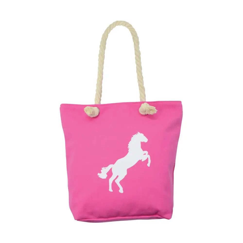 Bright pink strong canvas bags hy equestrian amelia tote bag with cream rope handles and white horse silhouette print