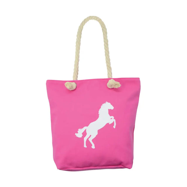 Bright pink strong canvas bags hy equestrian amelia tote bag with cream rope handles and white horse silhouette print