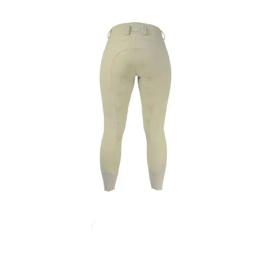 Beige hy equestrian arctic softshell ladies breeches with fitted design and reinforced back panel shown from back