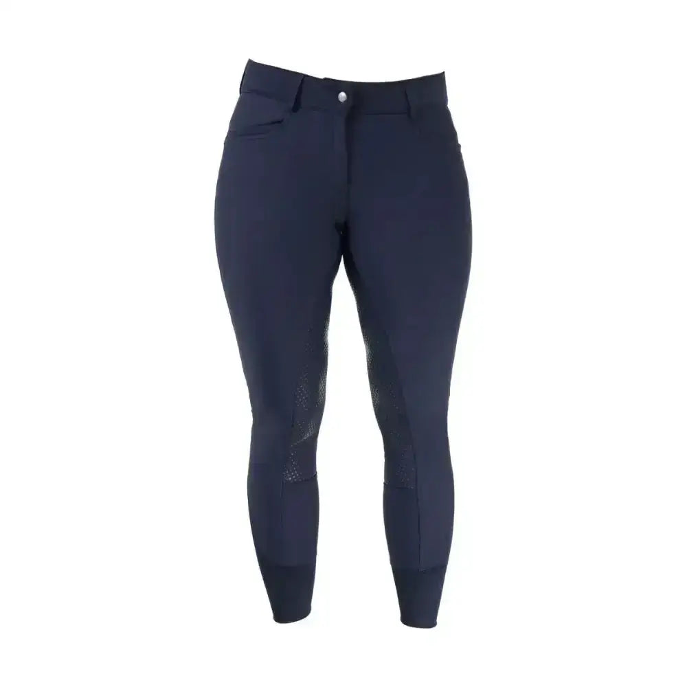 Navy blue hy equestrian arctic softshell ladies breeches with textured thigh panels for comfy riding performance