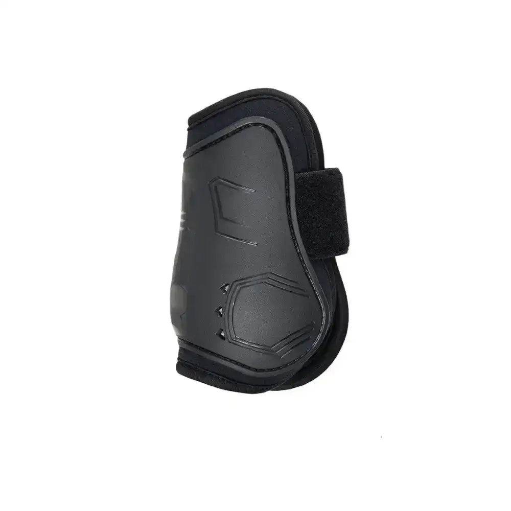 Black horse hoof protector with sleek contoured design and embossed patterns from hy equestrian armoured guard pro reaction fetlock boots