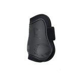 Black horse hoof protector with sleek contoured design and embossed patterns from hy equestrian armoured guard pro reaction fetlock boots