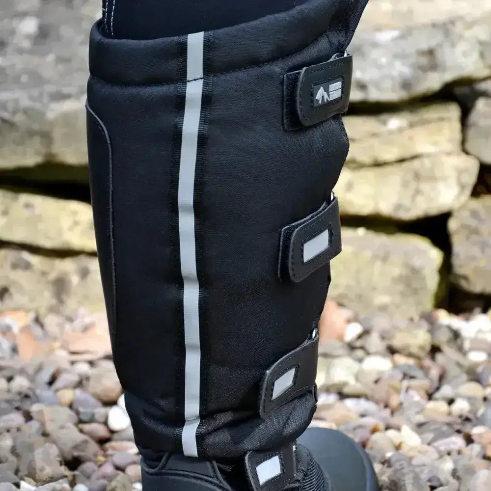 Black hy equestrian atlantic winter boots leg guard with reflective silver stripe and adjustable velcro straps high sided sole