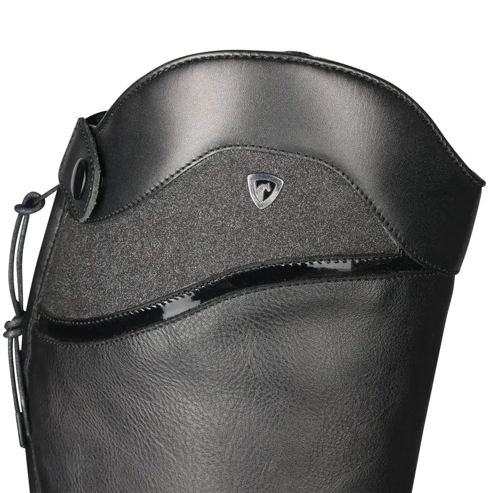 Black leather hy equestrian atrani riding boot with glossy black zipper and textured panel detail