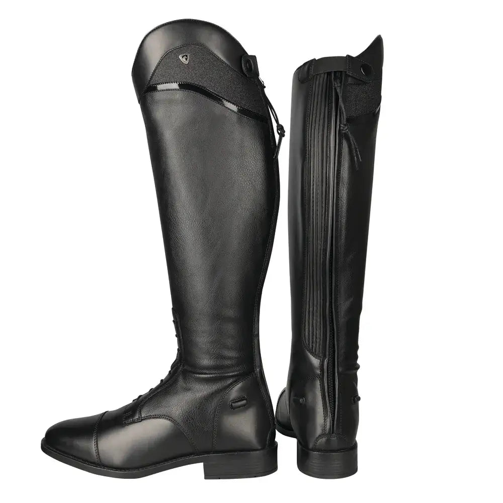 Black leather hy equestrian atrani riding boot with sleek glossy finish and side zipper closures for riding