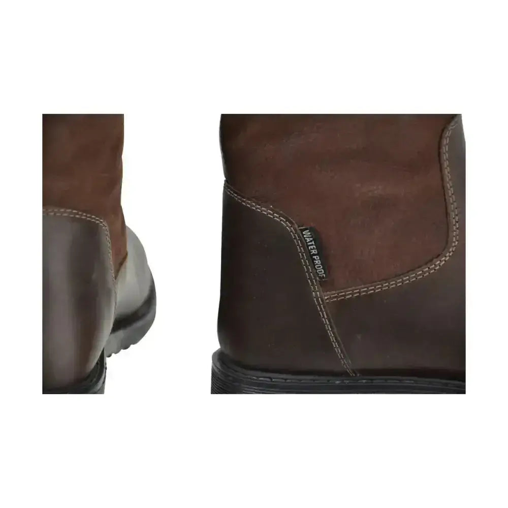 Brown leather hy equestrian bakewell long country boot with black rubber sole and white stitching practical long country style
