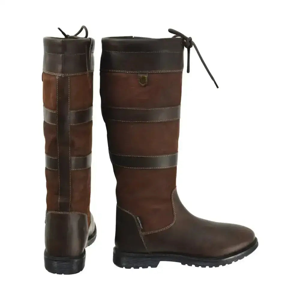 Brown leather lace-up riding boots with dark accents from hy equestrian bakewell long country collection