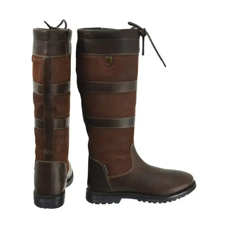 Brown leather lace-up riding boots with dark accents from hy equestrian bakewell long country collection