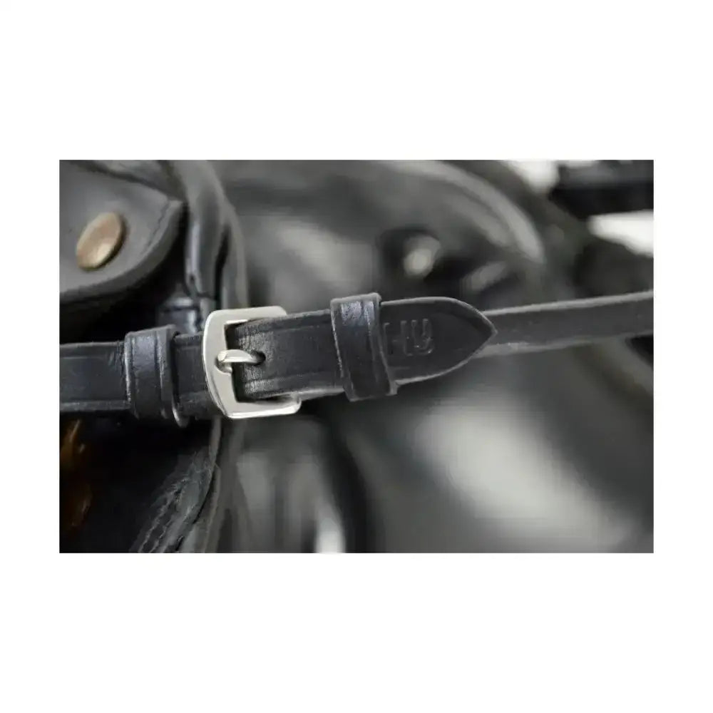 Black leather hy equestrian balance strap with silver buckle and embossed logo high quality rolled leather design
