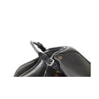 Black leather handbag with a silver-toned buckle and rolled leather balance strap for high quality equestrian use