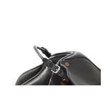 Black leather handbag with silver buckle and curved top handle featuring high quality rolled leather balance strap