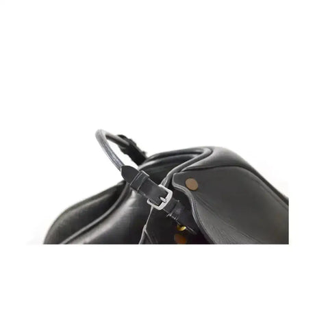 Black leather handbag with silver buckle and curved top handle featuring high quality rolled leather balance strap