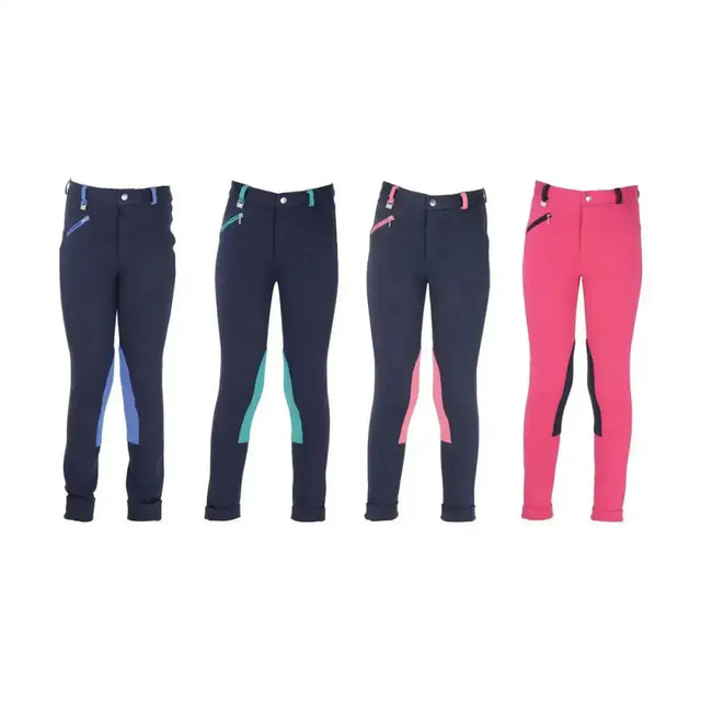 Four pairs of hy equestrian belton children jodhpurs in navy pink and teal with colorful side panels for everyday use