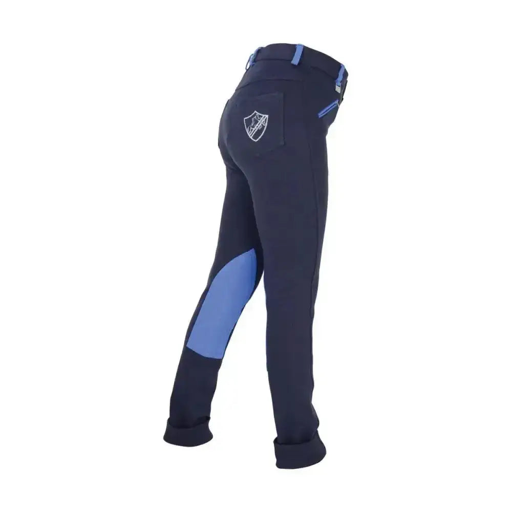Navy blue hy equestrian belton children’s jodhpurs with light blue knee patches and matching belt accents for everyday use