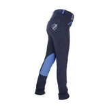Navy blue hy equestrian belton children’s jodhpurs with light blue knee patches and matching belt accents for everyday use