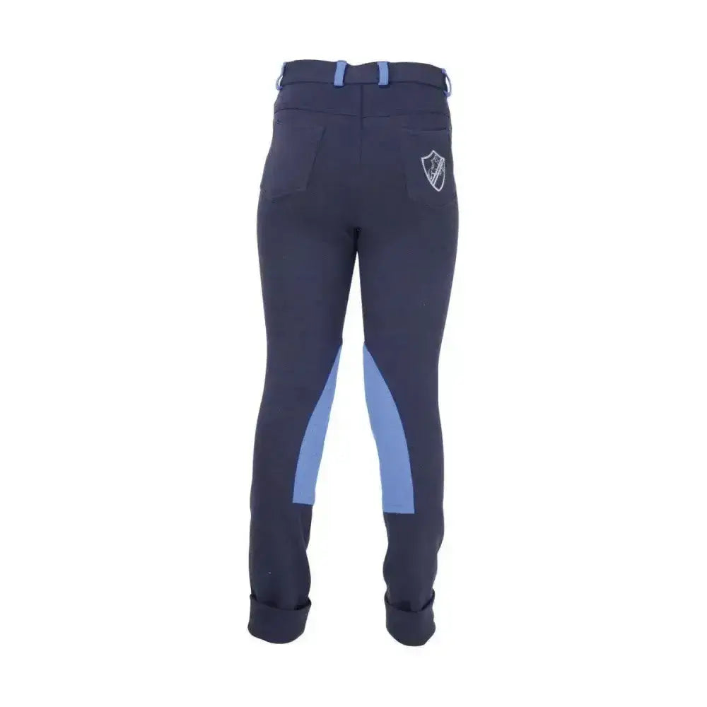 Navy blue hy equestrian belton children’s jodhpurs with light blue side panels and matching belt for everyday jodhpur use