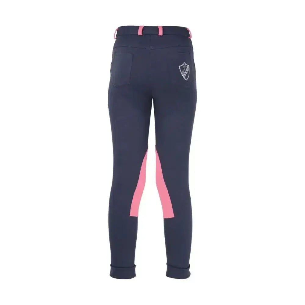 Navy blue hy equestrian belton children’s jodhpurs with pink side panels and belt accents perfect for everyday use