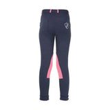 Navy blue hy equestrian belton children’s jodhpurs with pink side panels and belt accents perfect for everyday use