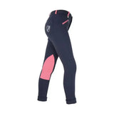 Back view of navy blue hy equestrian belton children’s jodhpurs with pink knee accents and white shield logo ideal for everyday jodhpur use