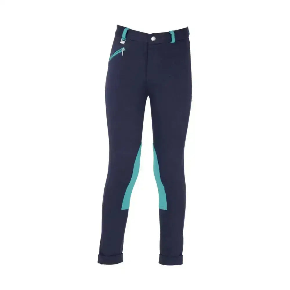 Navy blue hy equestrian belton children’s jodhpurs with teal accents and zipper details for everyday jodhpur use