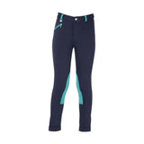 Navy blue hy equestrian belton children’s jodhpurs with teal accents and zipper details for everyday jodhpur use