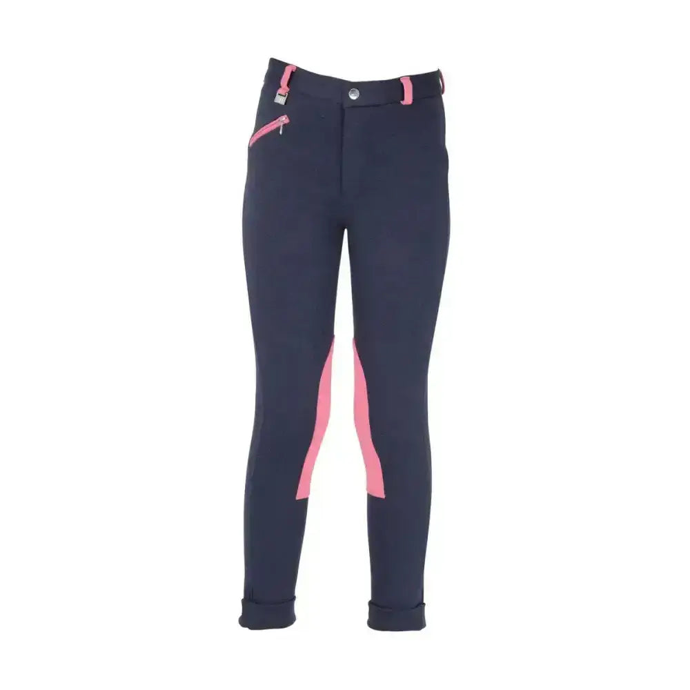 Navy blue hy equestrian belton children’s jodhpurs with pink side panels and zipper accents for everyday use