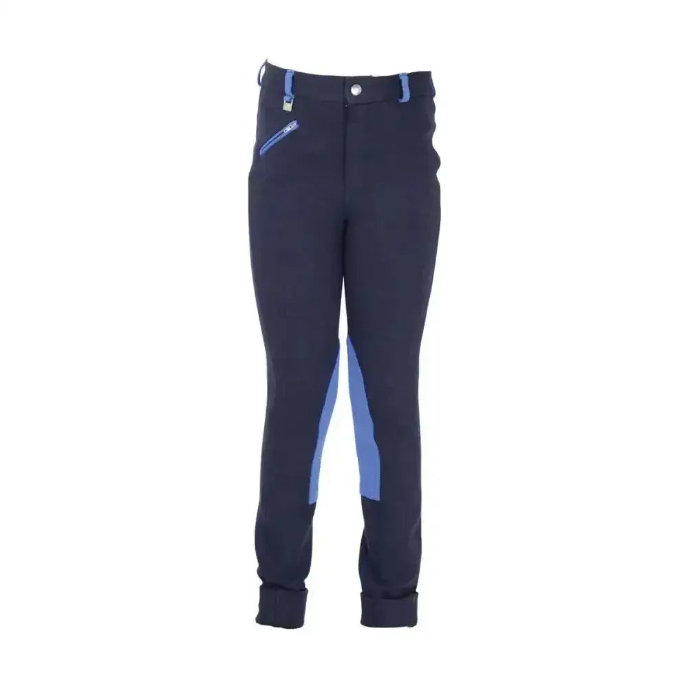 Navy blue hy equestrian belton children’s jodhpurs with light blue side panels and zipper accents for everyday wear