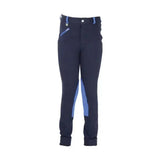 Navy blue hy equestrian belton children’s jodhpurs with light blue side panels and zipper accents for everyday wear