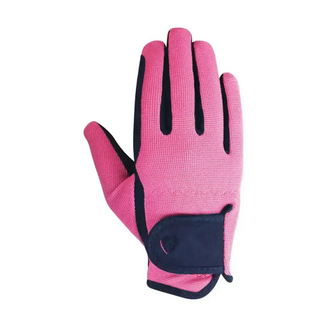 Pink equestrian belton children’s riding gloves with black accents and velcro strap shown from the back side