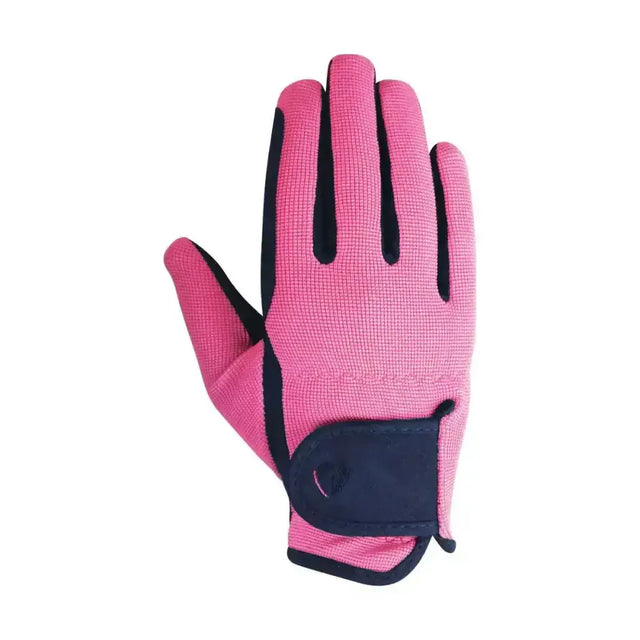 Pink equestrian belton children’s riding gloves with black accents and velcro strap shown from the back side