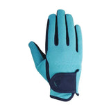 Back side of a teal and navy blue equestrian belton children’s riding glove with textured fabric and reinforced black panels