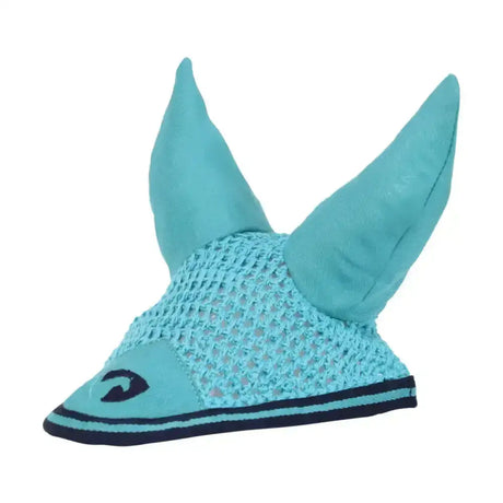 Hy equestrian belton fly veil with light blue close-knit crochet mesh and navy trim soft fabric ear flaps