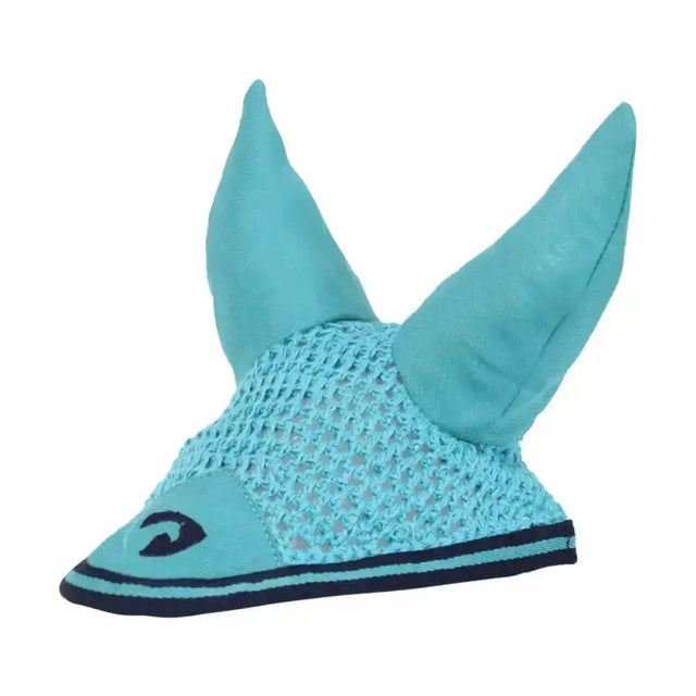 Hy equestrian belton fly veil with light blue close-knit crochet mesh and navy trim soft fabric ear flaps