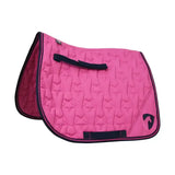 Pink quilted hy equestrian belton saddle pad with black trim star-shaped quilted design and stylized logo on corner