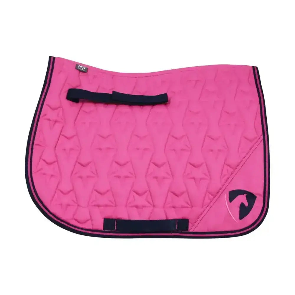 Bright pink hy equestrian belton saddle pad with black trim star-shaped quilted design and stylized horse logo