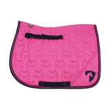 Bright pink hy equestrian belton saddle pad with black trim star-shaped quilted design and stylized horse logo