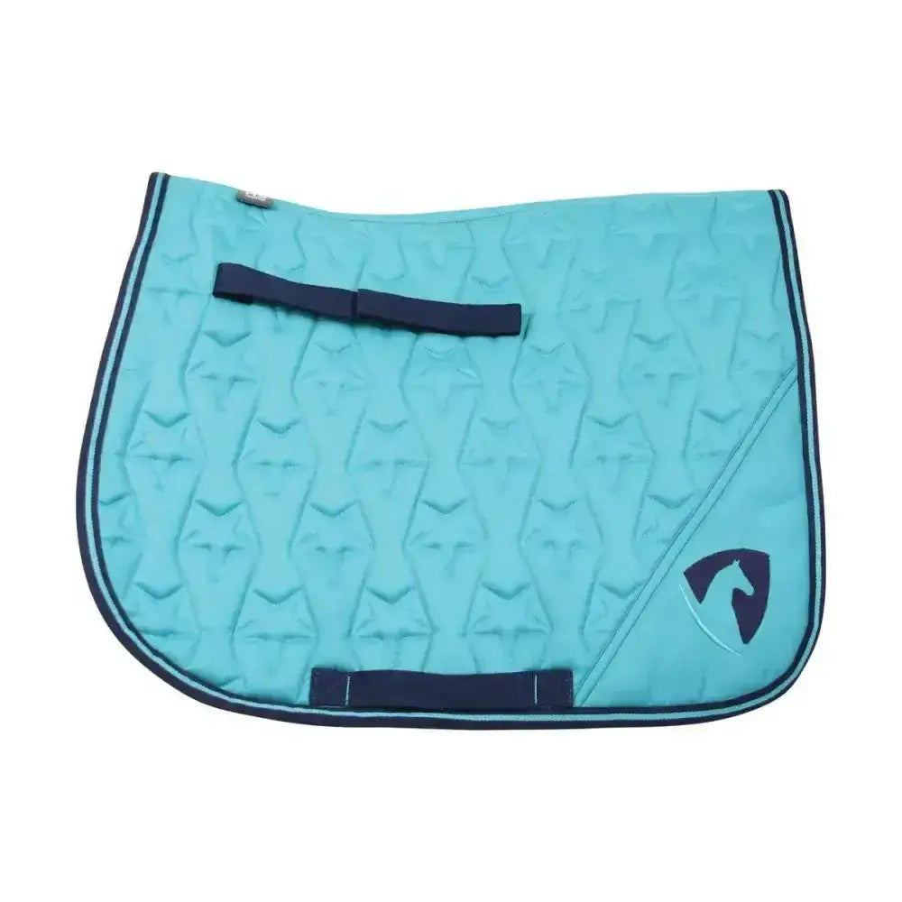 Turquoise belton saddle pad with navy trim and star-shaped quilted design featuring a stylized horse logo by hy equestrian