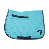 Turquoise belton saddle pad with navy trim and star-shaped quilted design featuring a stylized horse logo by hy equestrian