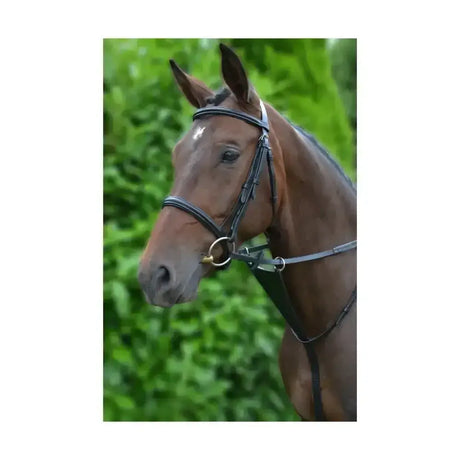 A sleek black leather bib martingale with silver hardware perfect for equestrian use by hy equestrian