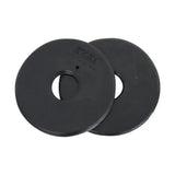 Black rubber equestrian bit guards with central hole and embossed markings designed to protect horse’s mouth