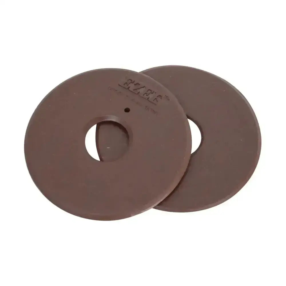 Brown circular rubber equestrian bit guards designed to protect horse’s mouth with embossed hy branding